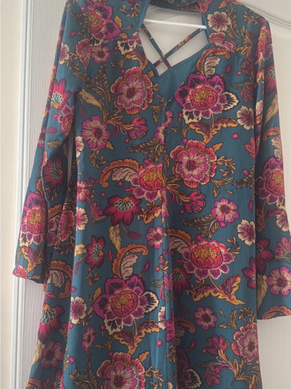 Floral Teal Long Sleeve Women’s Top with Pink Bloom Print